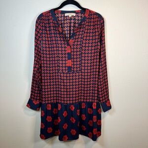 Loft Ruffle Hem Chiffon Tunic Dress Navy Blue Red Long Sleeve Oversized Sz Small